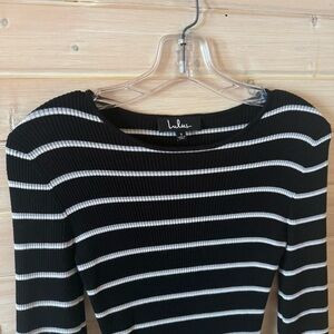 Lulus Black White Striped Ribbed Knit Bodycon Dress Bell Sleeves Size S EUC